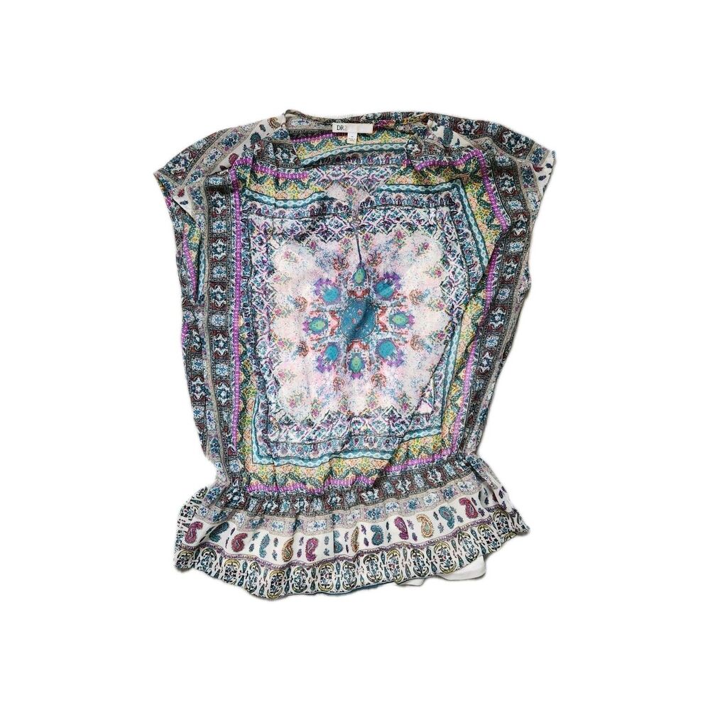 DR2 Women’s M Boho Peasant Blouse Paisley Print Lined V Neck Lightweight EUC